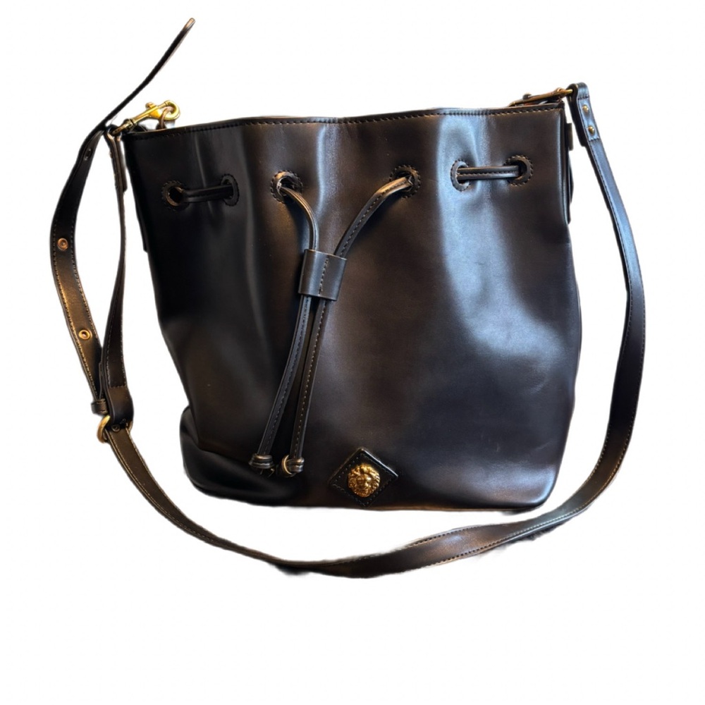Anne Klein Nina Drawstring Bucket Bag - Black with Gold Lion Head Medallio